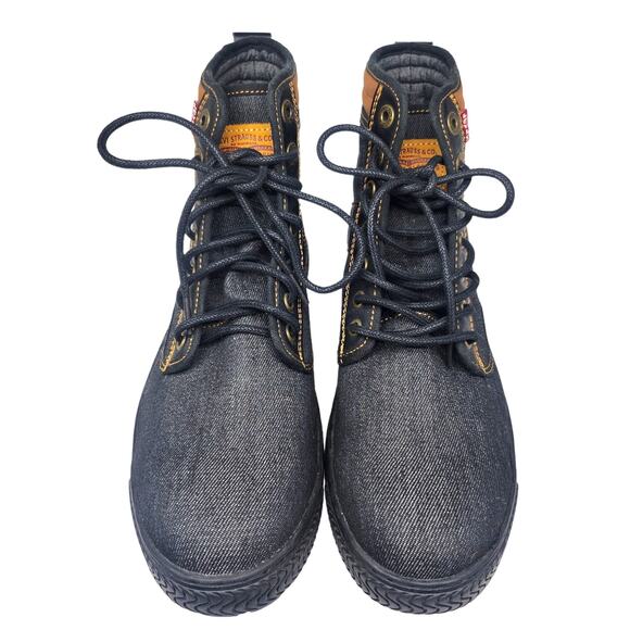 Levis Boots Mens 10 Blue Denim Artesia Hiking Ankle Mid Calf Black Leather Tie - Picture 4 of 12